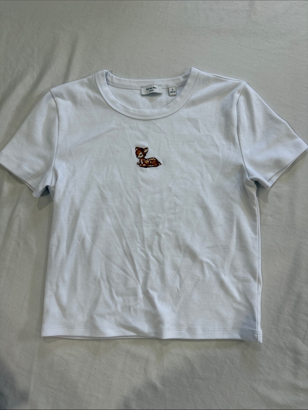 Aritzia White Women’s Tee with Brown Deer Embroidery